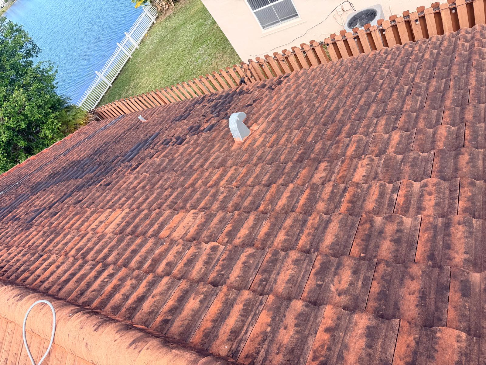 Roof before pressure cleaning — heavy black algae and mold buildup on South Florida tile roof